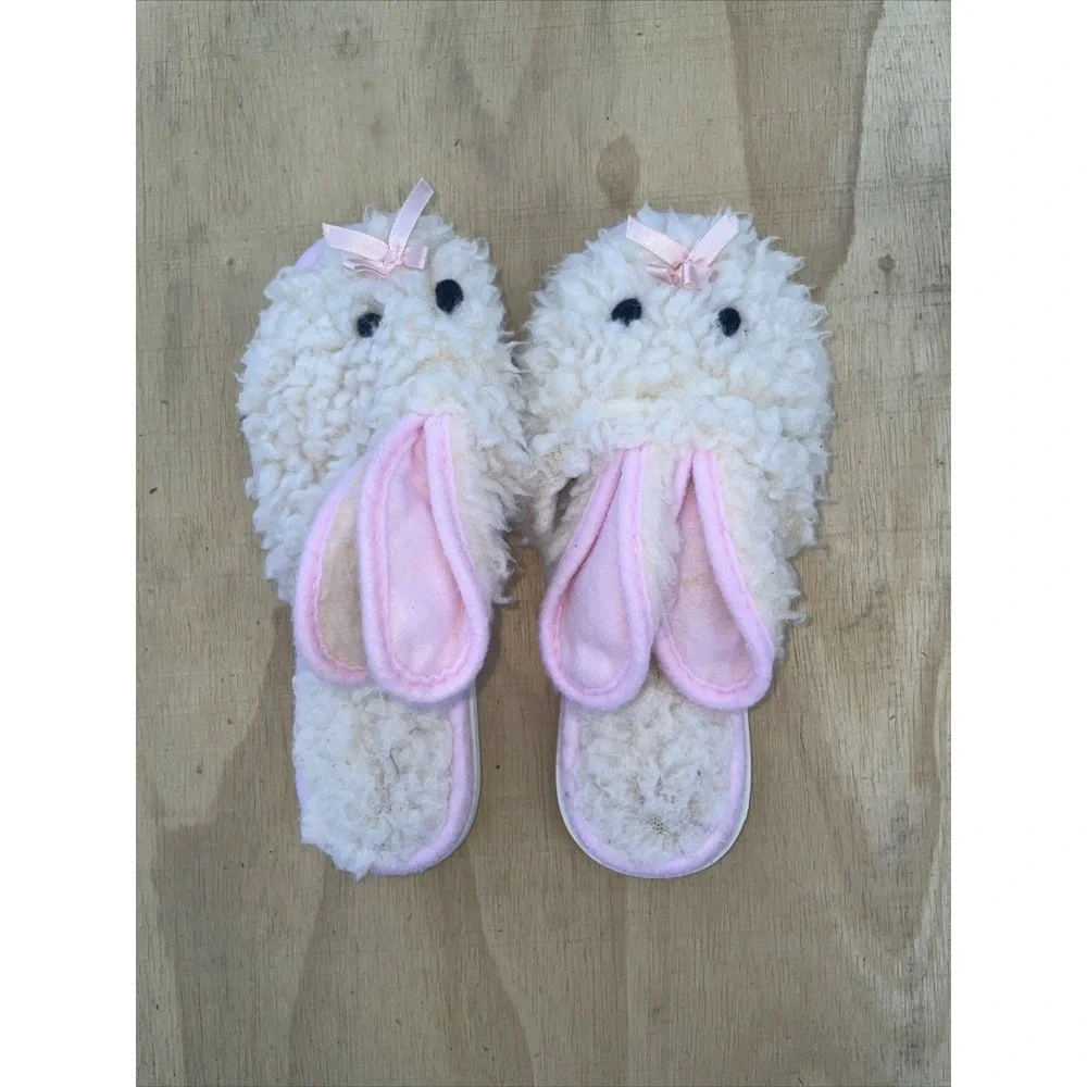 Vintage Girls Bunny Rabbit Slippers Size 11-11 1/2 Ivory With Pink Trim & Bows